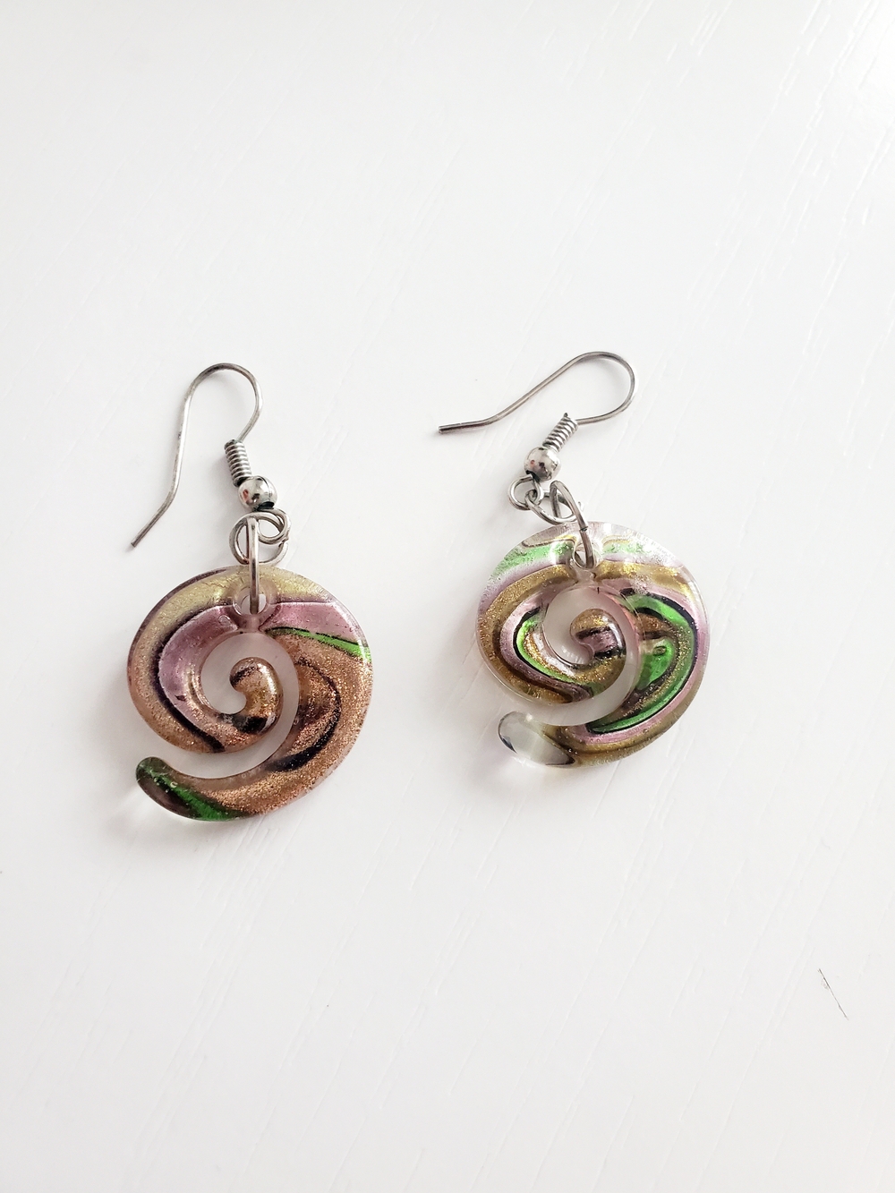 Murano Swirl Drop Earrings in Pink, Green & Gold